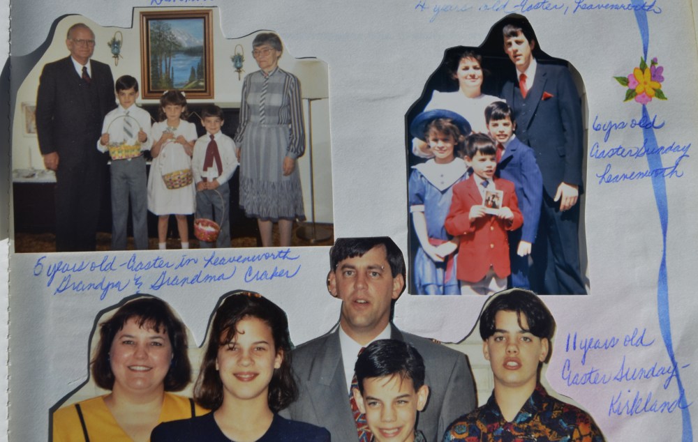 Easter Sunday is a special occasion in our household, and we took a family photo every year. Upper left is with my Grandpa and Grandma Craker in 1985 in Leavenworth, upper right is with my family in 1986 in Leavenworth, and the bottom is in Kirkland in 1991.