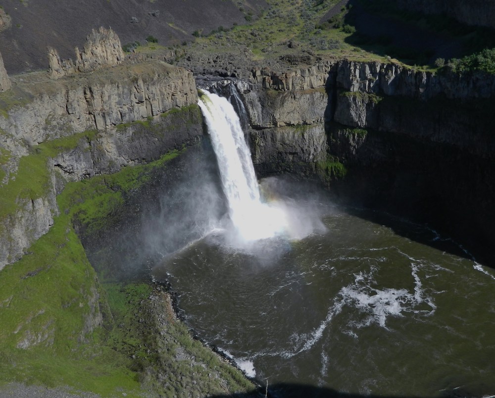 The Spires hover above the waterfall on the upper left. You can reach them via a hiking trail and get great views down the canyon.