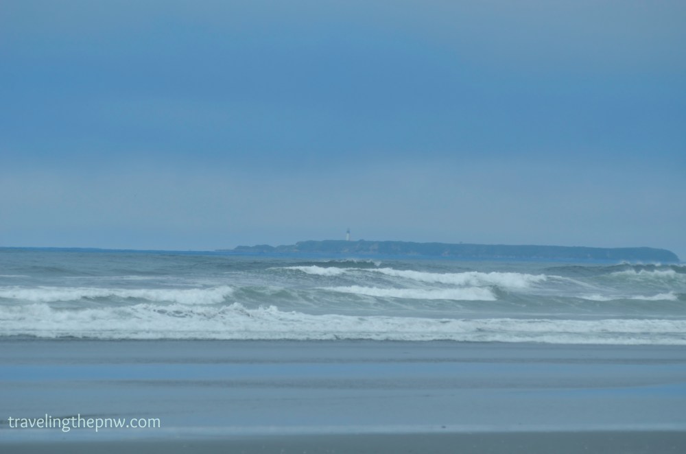 The Destruction Island lighthouse is barely visible in the distance. Gray whales migrate between the island the beach, offering views up to campers at certain times of year.