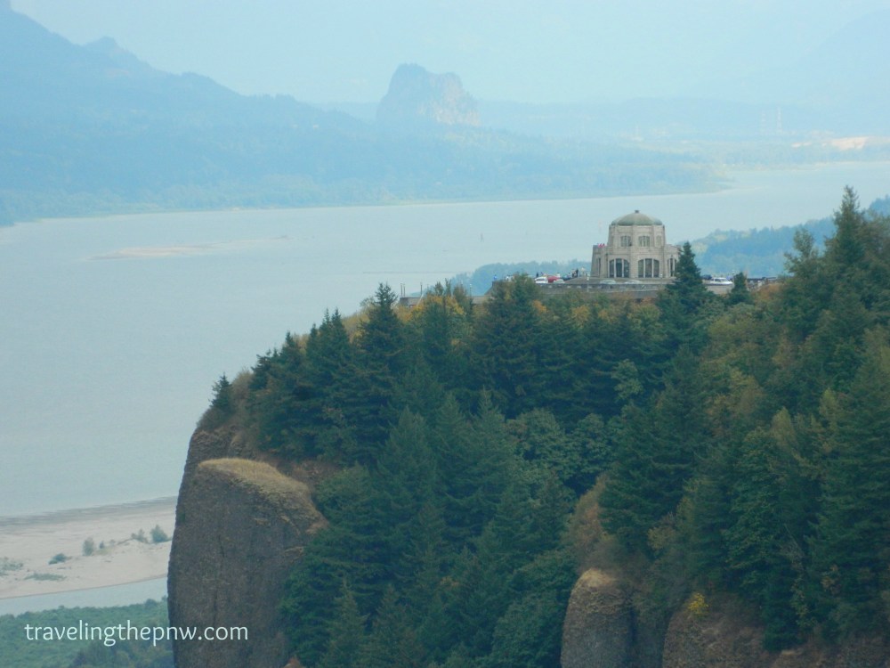 The Vista House atop Crown Point with Beacon Rock looming in the background in the smoky haze. Stopping at the Women's Forum State Park just down the road from the Vista House affords awesome views as well.