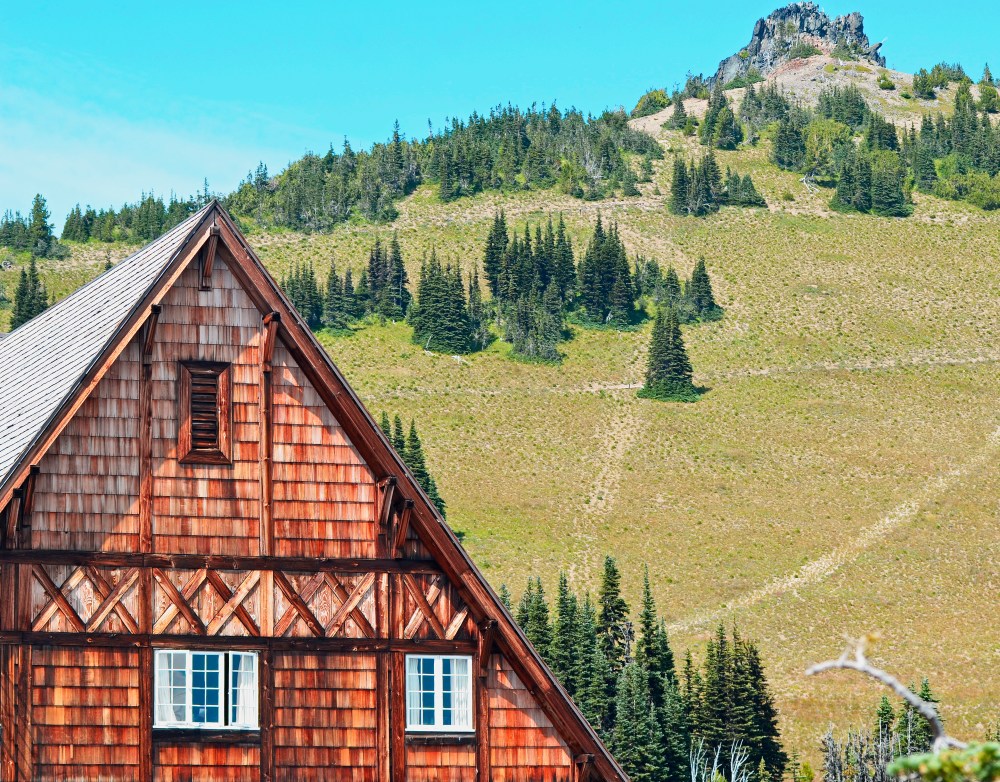 The Sunrise Day Lodge with the network of trails in the background.