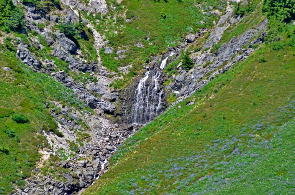The Middle Edith Creek Falls traverse 60 feet down this slope to the meadow below.