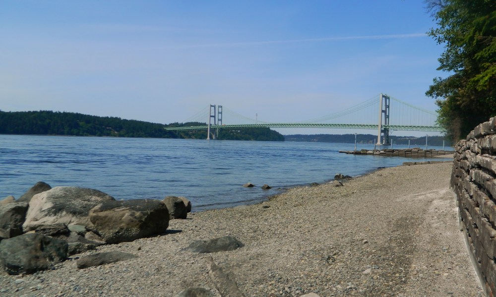 Titlow Beach in Tacoma offers dramatic panoramic views of the Narrows Bridge.