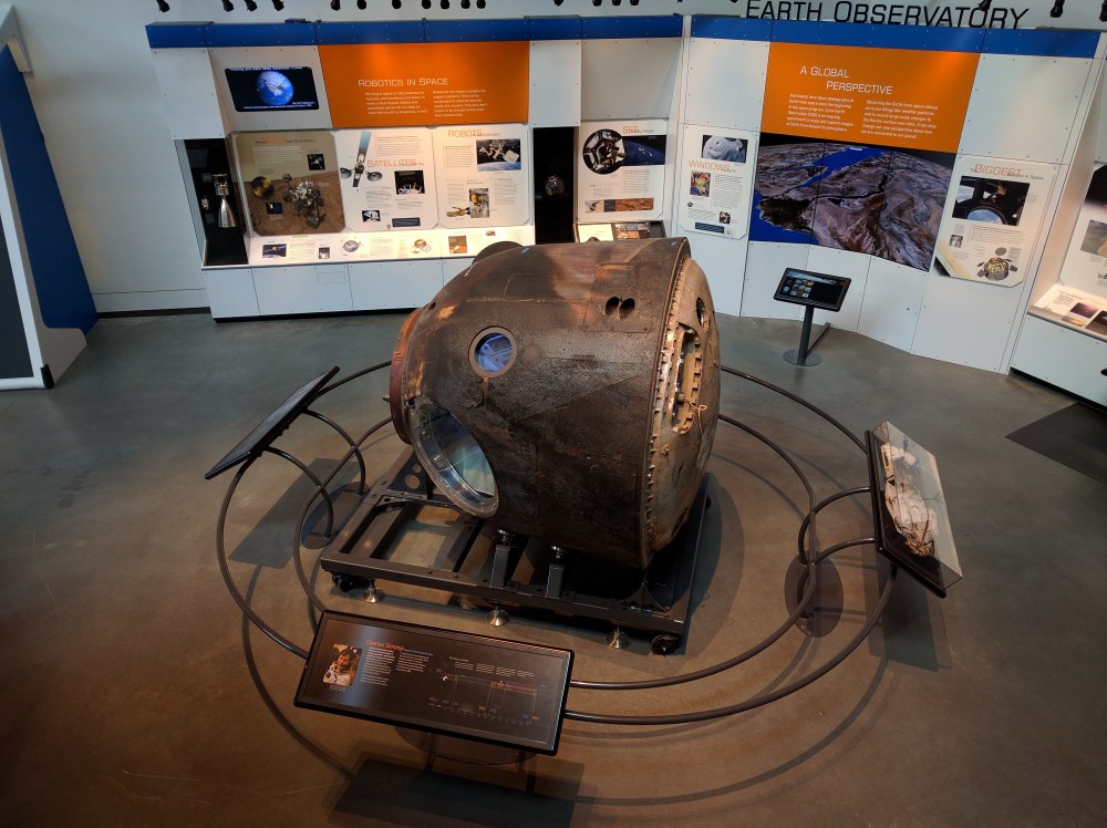 A Russian Soyuz capsule which was developed in the 1960s for flights to space, and a variation is still used today.