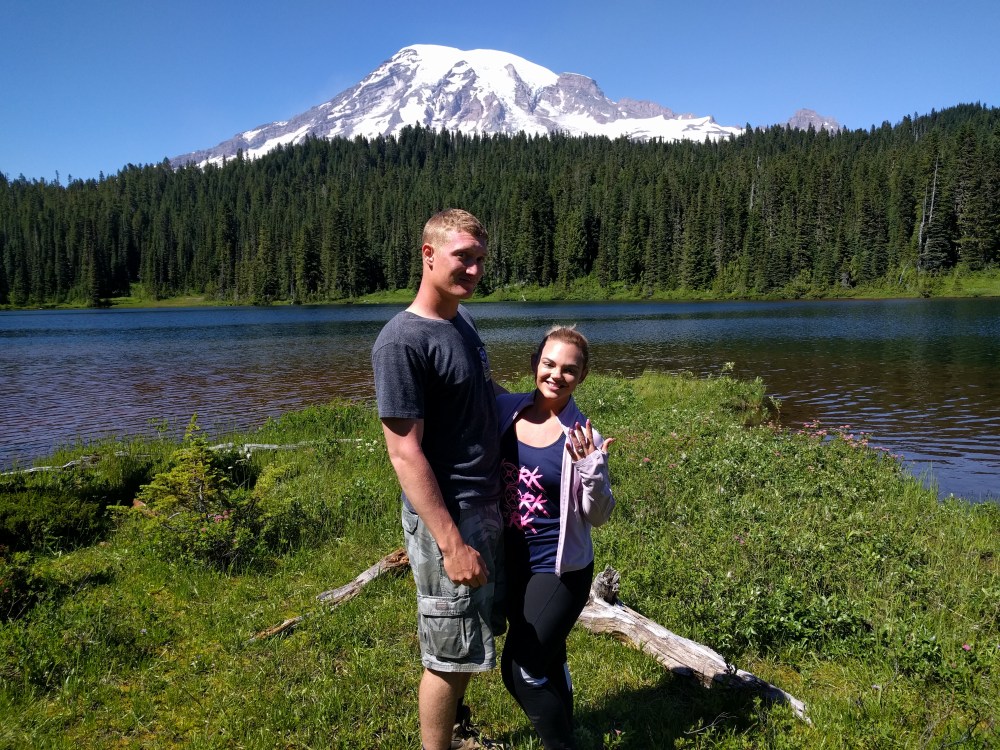 Cody, left, asked Tabitha to marry him at Reflection Lake in Mt. Rainier National Park.