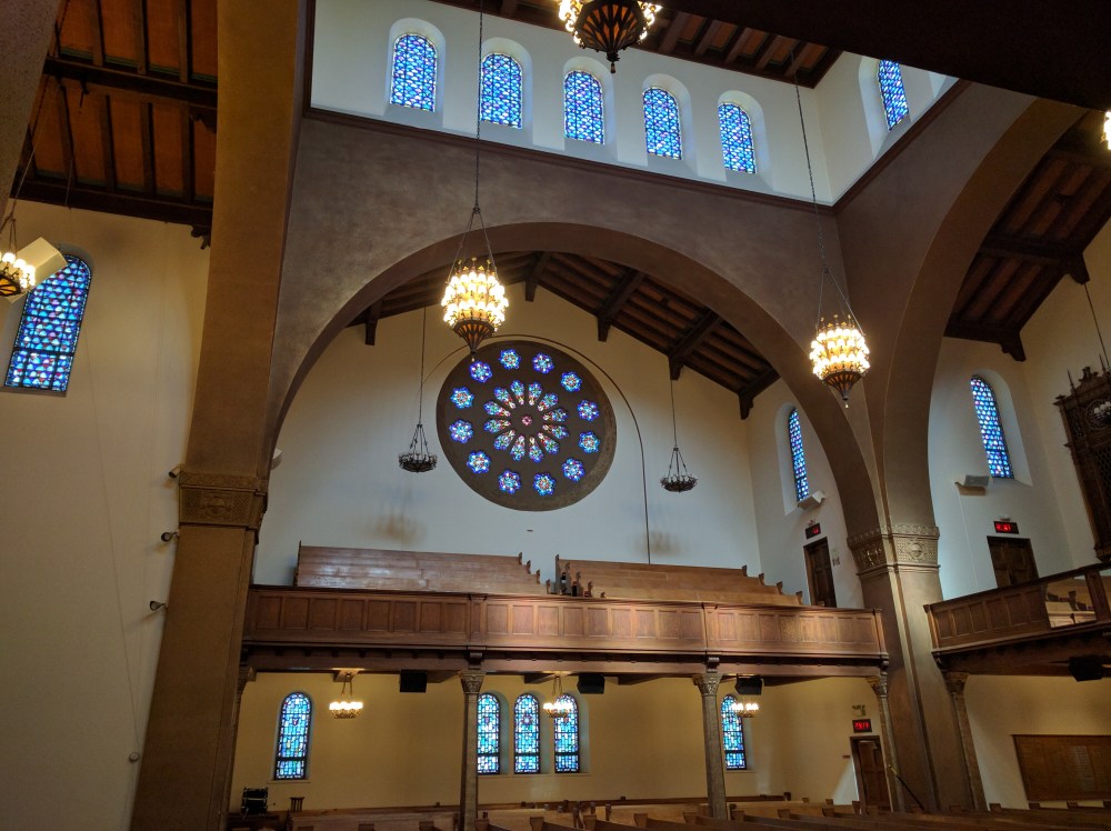 One of three Rose Windows, which measure 16.5 feet and consist of 2,500 separate fragments of stained glass.