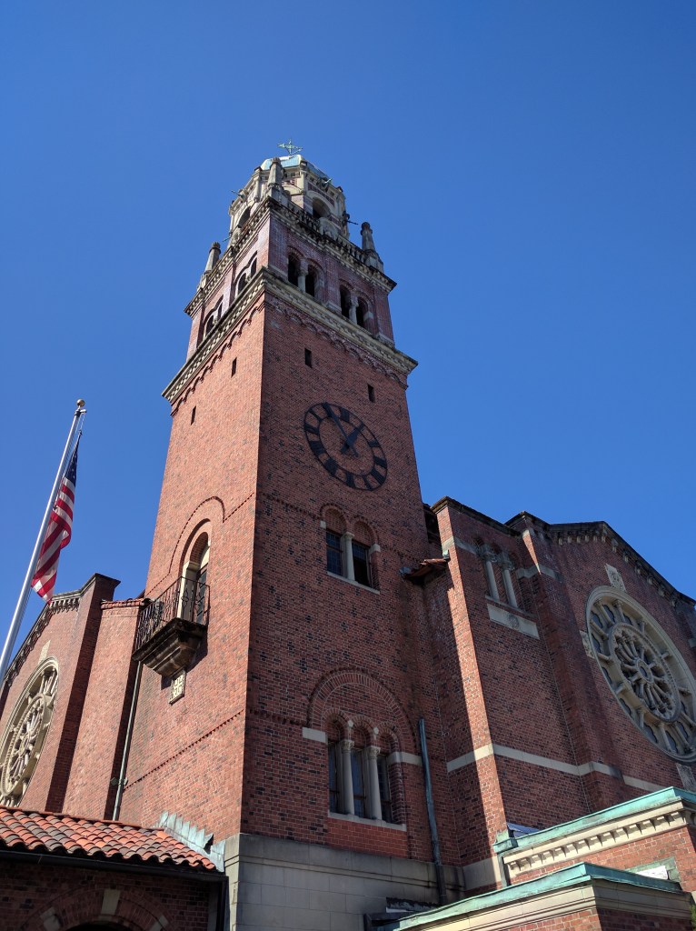Tacoma's First Presbyterian Church rises high above city streets.